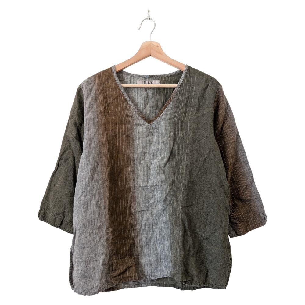 Flax Linen Stripe Color Block Pullover Blouse Med… - image 1